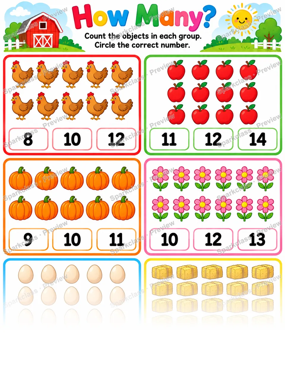 How Many? · Farm Counting — Kindergarten worksheet preview