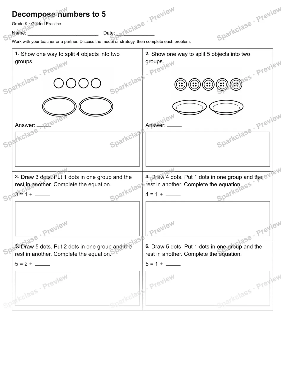 Decompose numbers to 5 — Guided Practice — Kindergarten worksheet preview