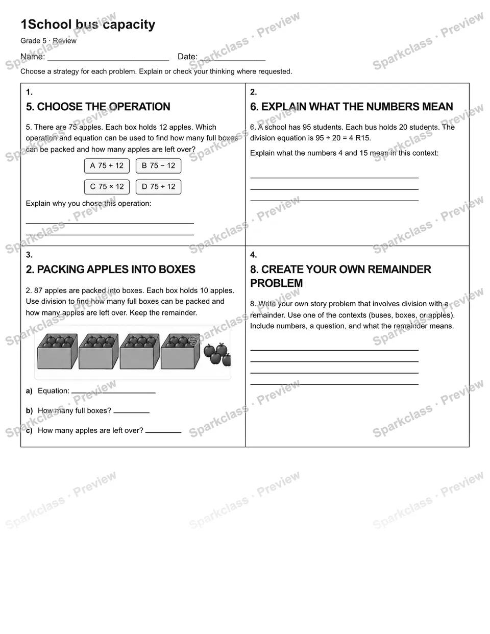 1School bus capacity — Review — Grade 5 worksheet preview