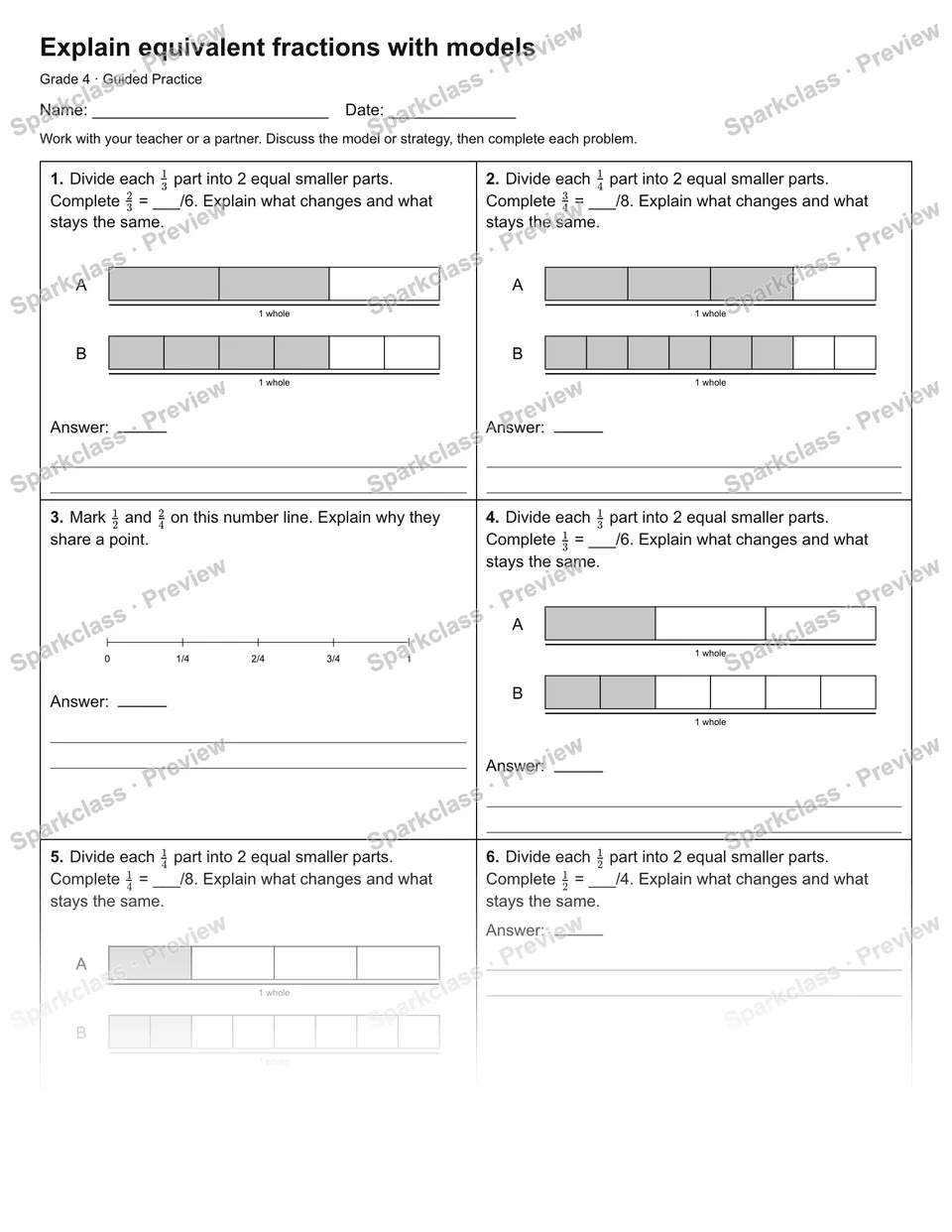 Explain equivalent fractions with models — Guided Practice — Grade 4 worksheet preview