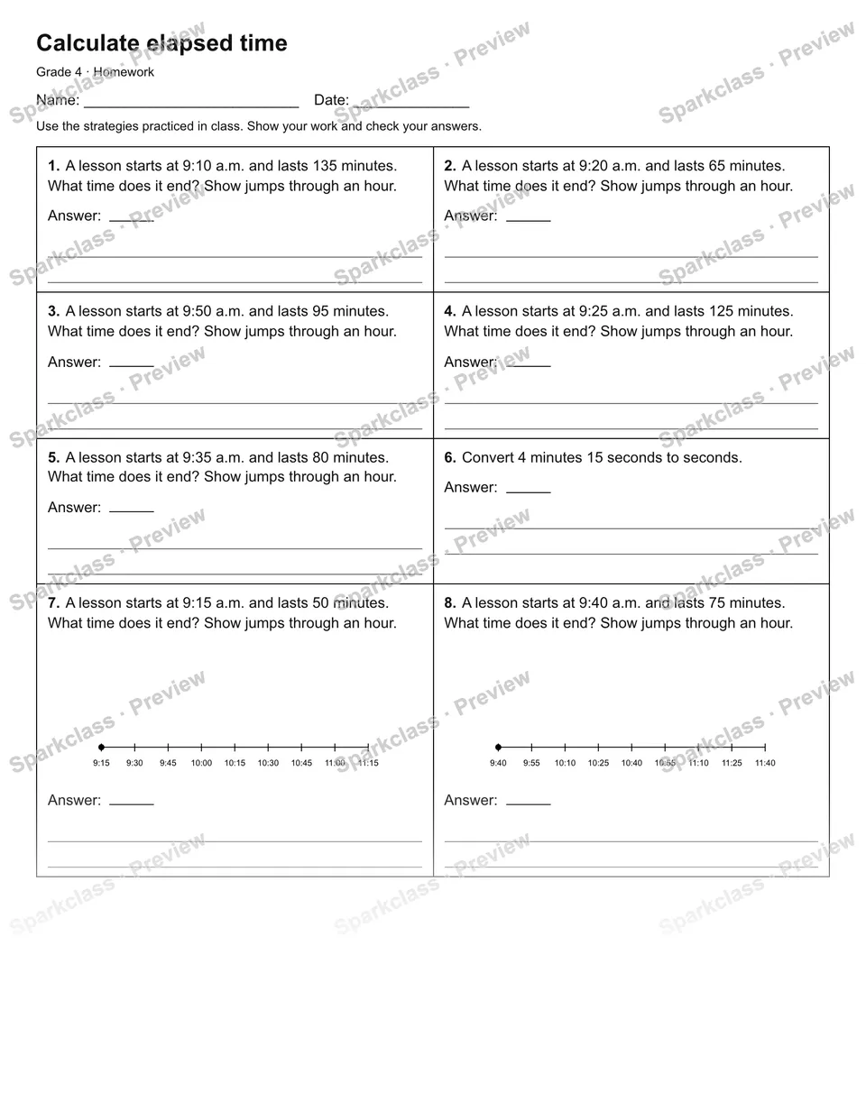 Calculate elapsed time — Homework — Grade 4 worksheet preview