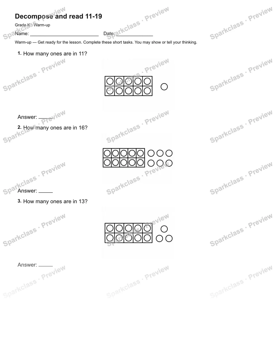 Decompose and read 11-19 — Warm-up — Kindergarten worksheet preview