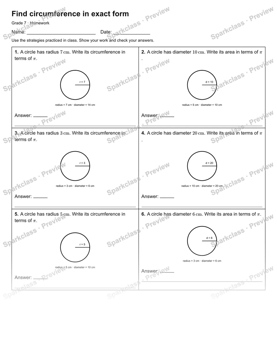 Find circumference in exact form — Homework — Grade 7 worksheet preview
