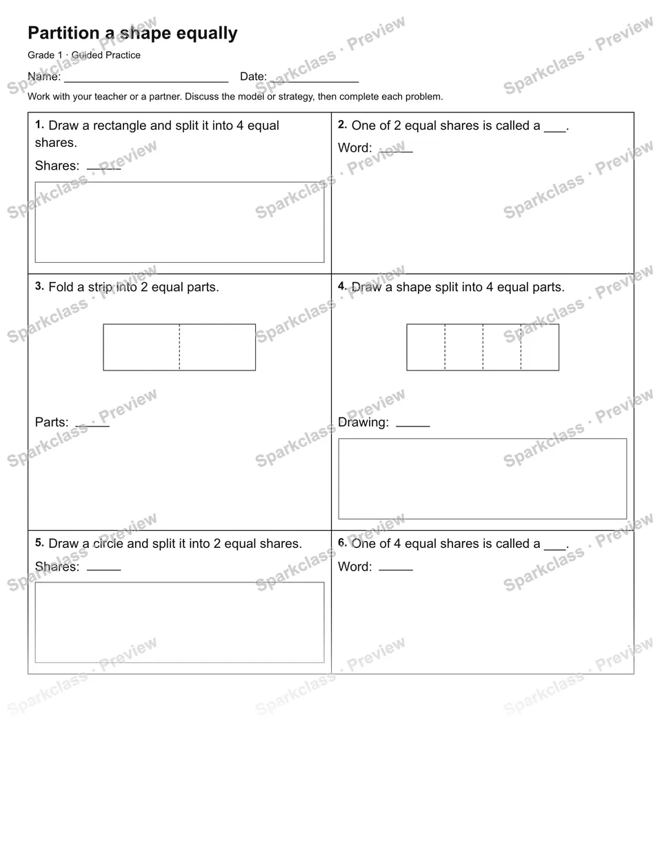 Partition a shape equally — Guided Practice — Grade 1 worksheet preview