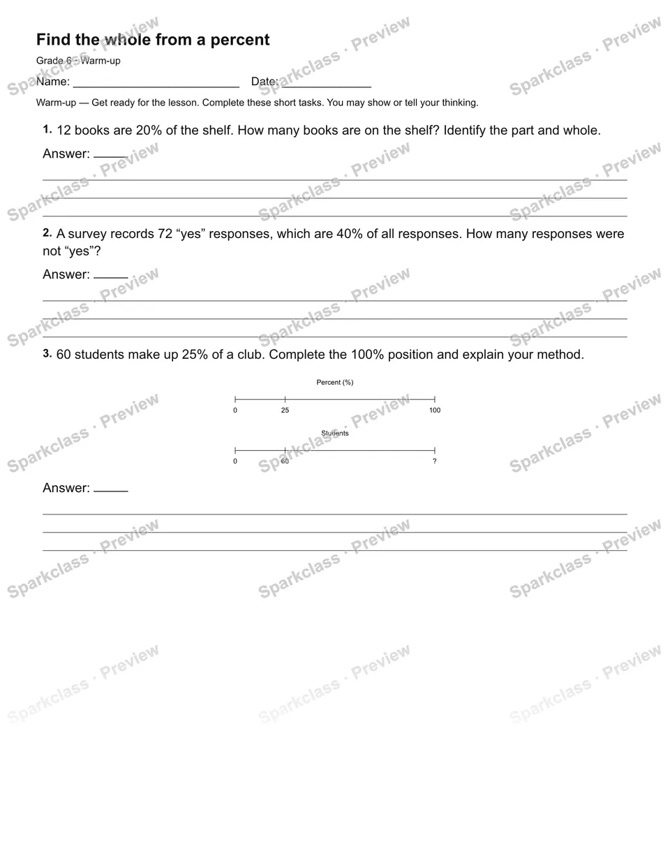 Find the whole from a percent — Warm-up — Grade 6 worksheet preview