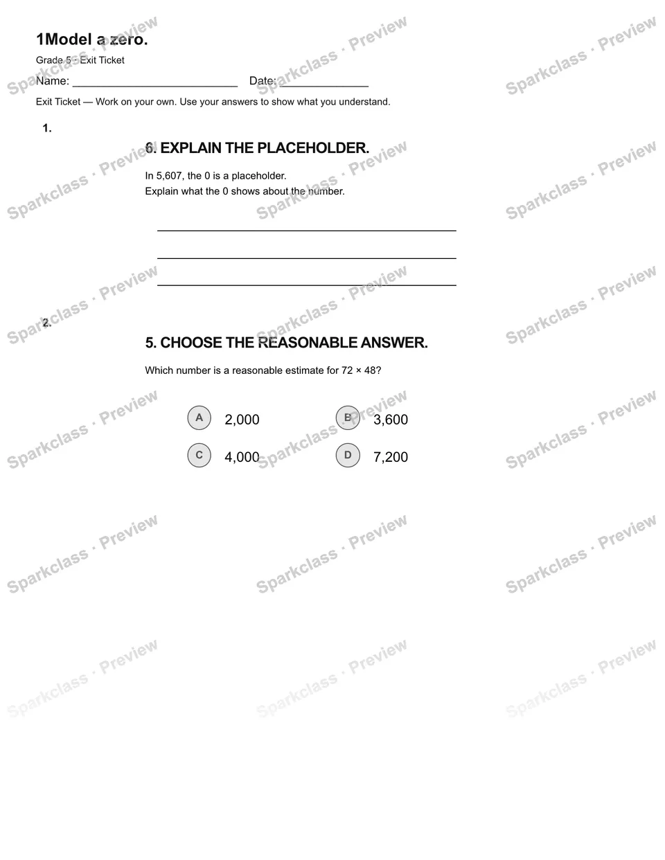 1Model a zero. — Exit Ticket — page 2