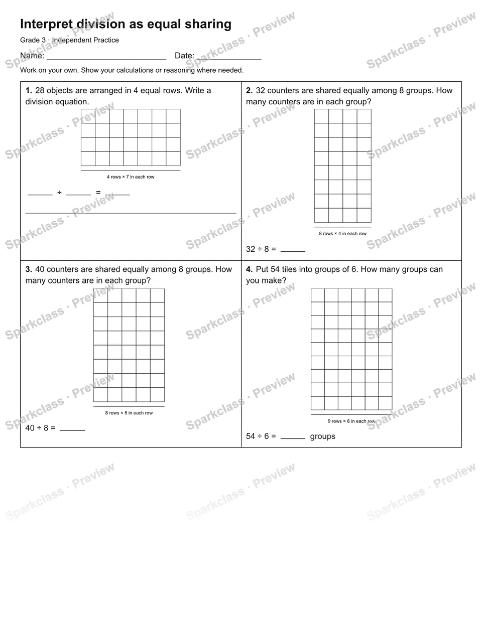 Interpret division as equal sharing — Independent Practice — Grade 3 worksheet preview
