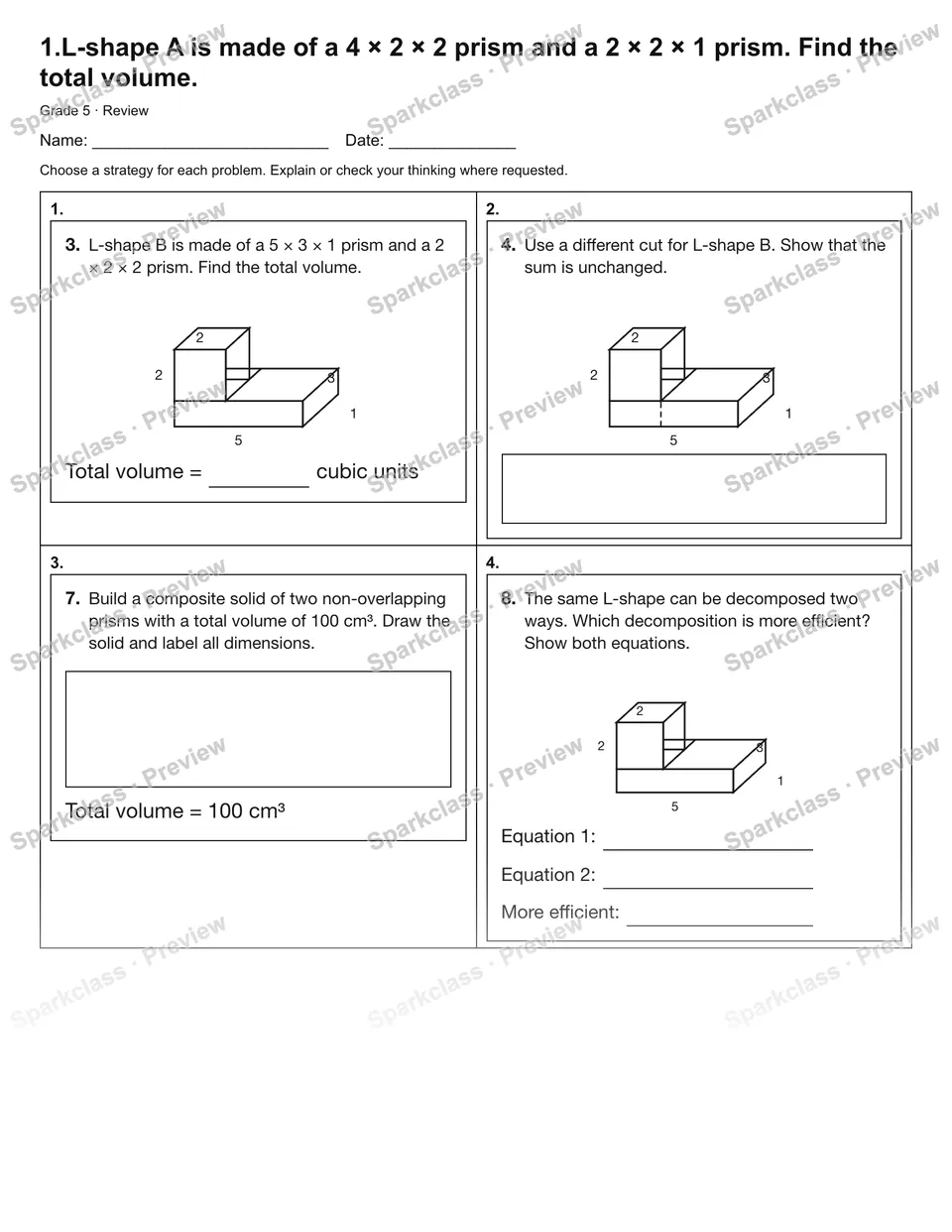 1.L-shape A is made of a 4 × 2 × 2 prism and a 2 × 2 × 1 prism. Find the total volume. — Review — Grade 5 worksheet preview