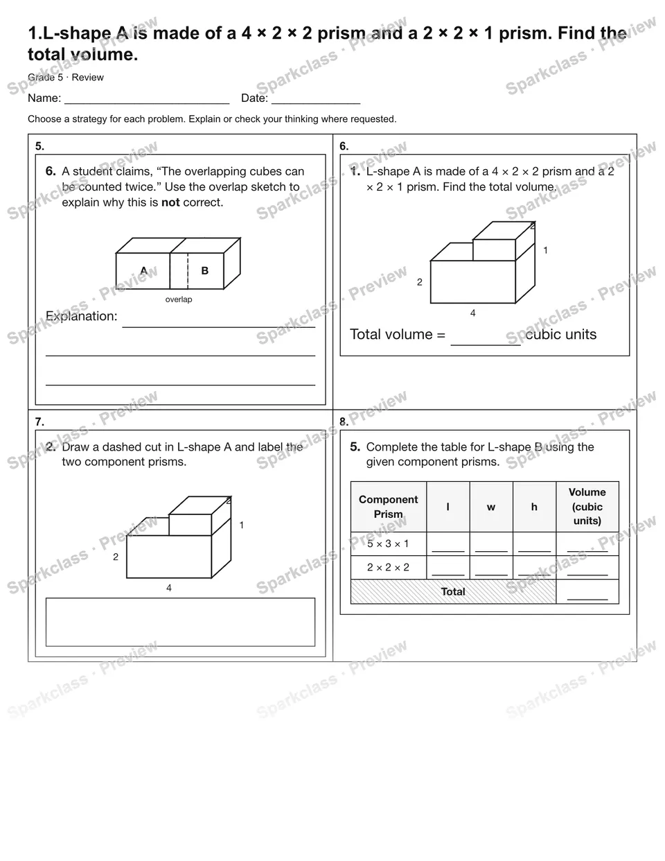 1.L-shape A is made of a 4 × 2 × 2 prism and a 2 × 2 × 1 prism. Find the total volume. — Review — page 2