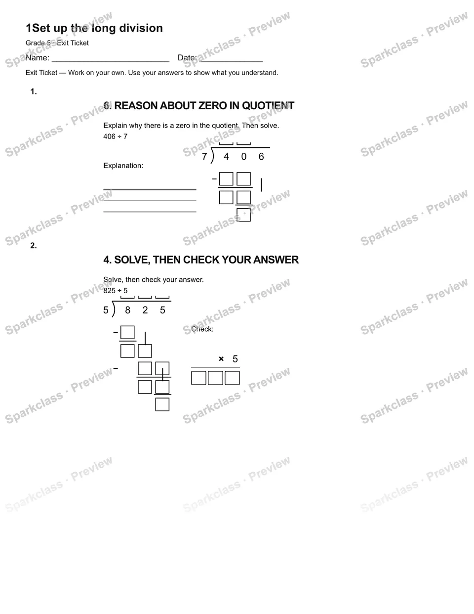 1Set up the long division — Exit Ticket — Grade 5 worksheet preview