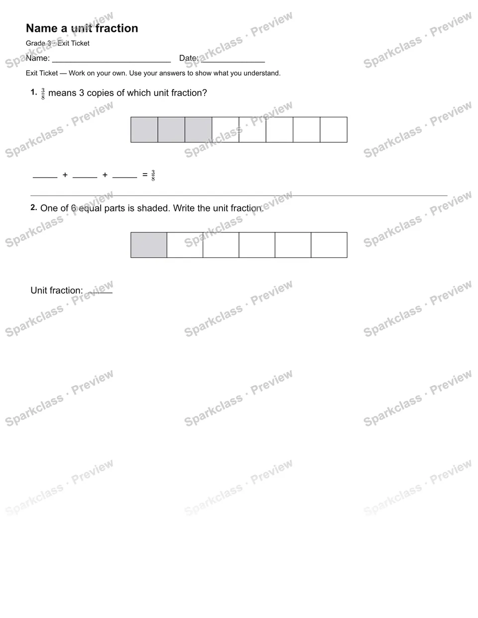 Name a unit fraction — Exit Ticket — page 2