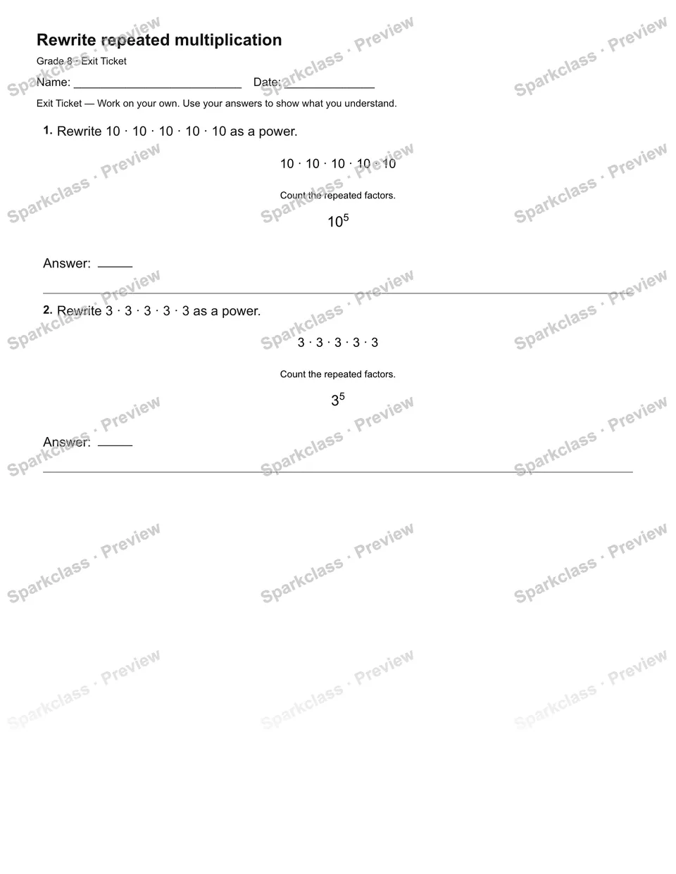 Rewrite repeated multiplication — Exit Ticket — Grade 8 worksheet preview