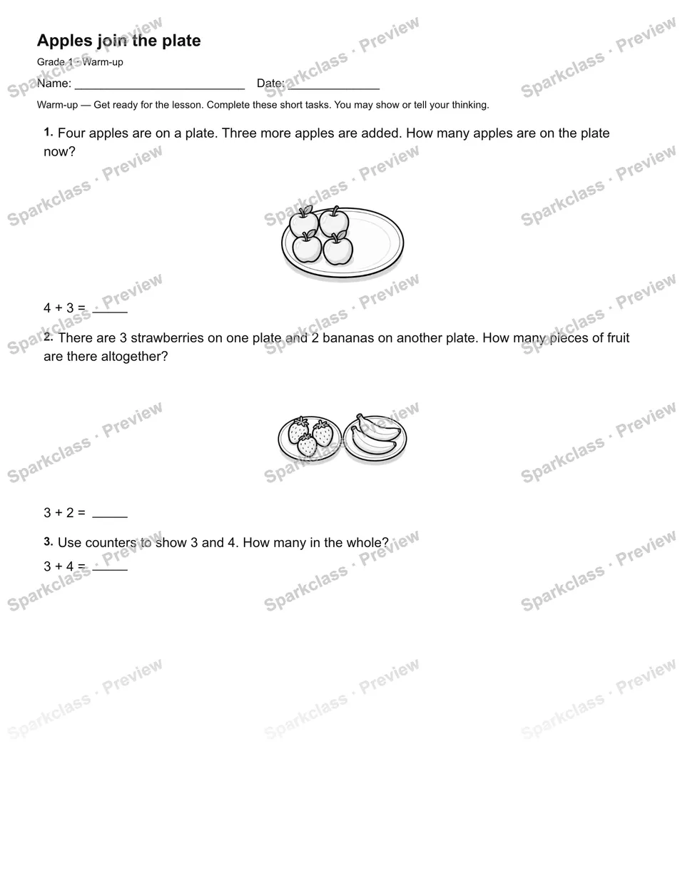 Apples join the plate — Warm-up — Grade 1 worksheet preview