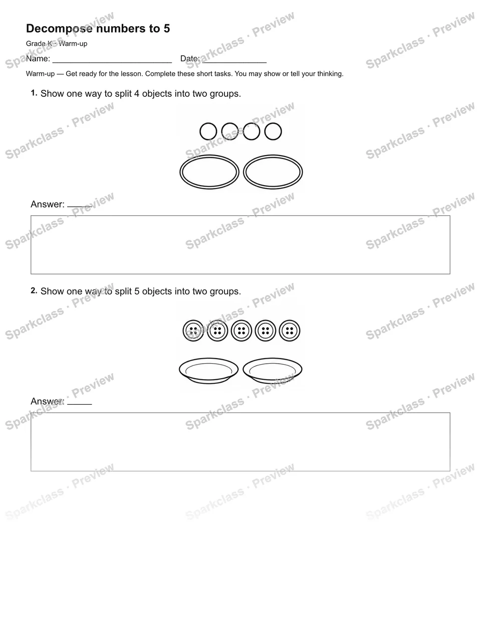 Decompose numbers to 5 — Warm-up — page 2