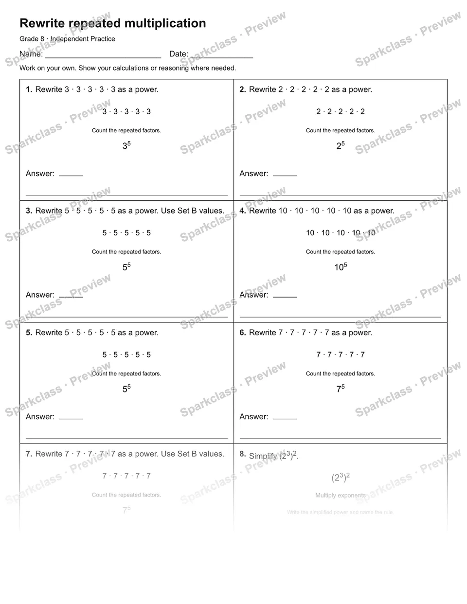 Rewrite repeated multiplication — Independent Practice — Grade 8 worksheet preview