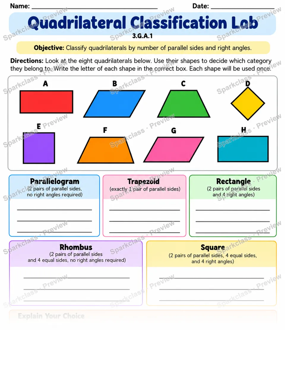 Quadrilateral Classification Lab — Grade 3 worksheet preview
