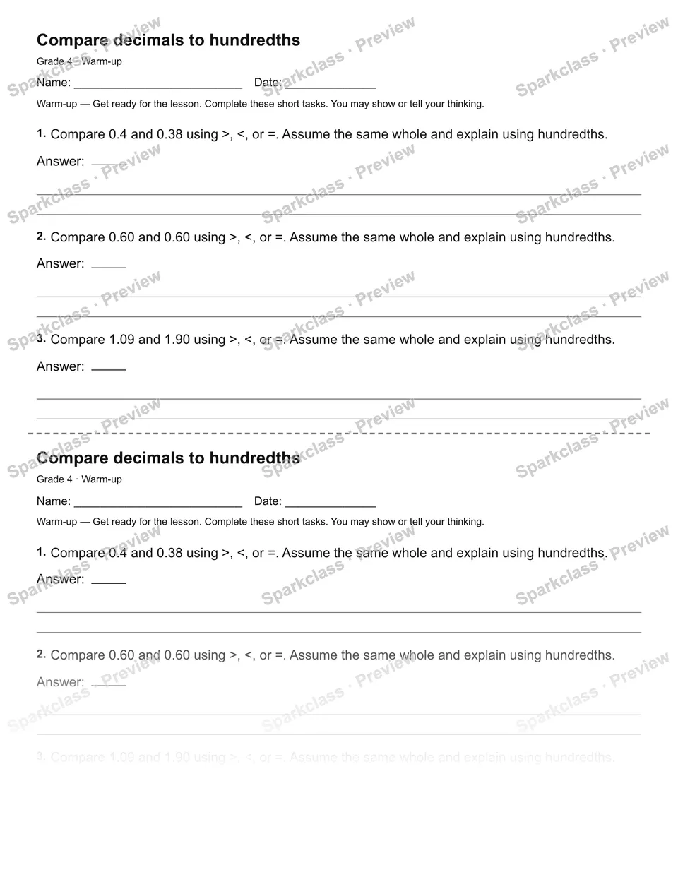 Compare decimals to hundredths — Warm-up — Grade 4 worksheet preview
