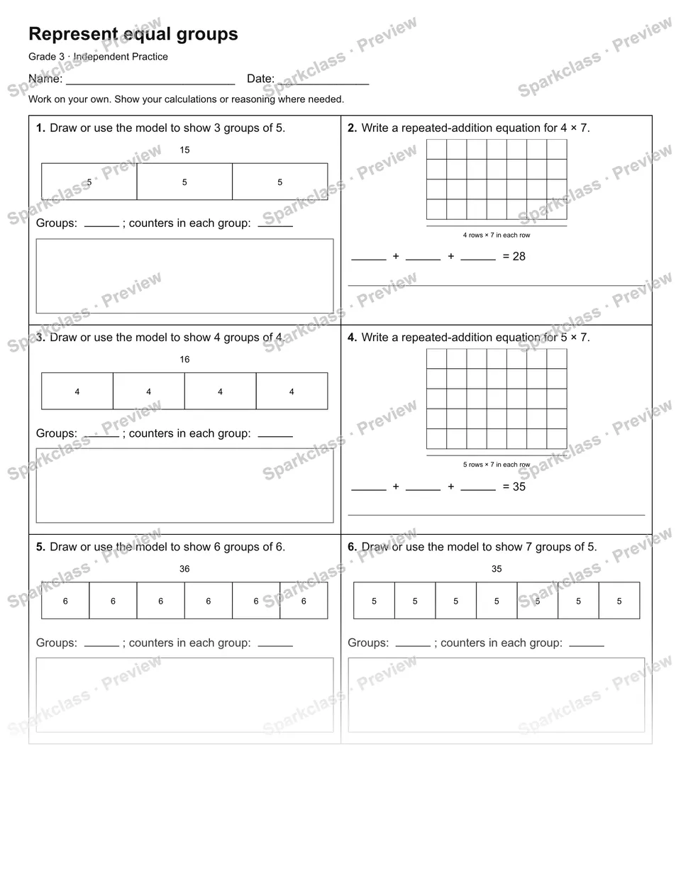 Represent equal groups — Independent Practice — Grade 3 worksheet preview
