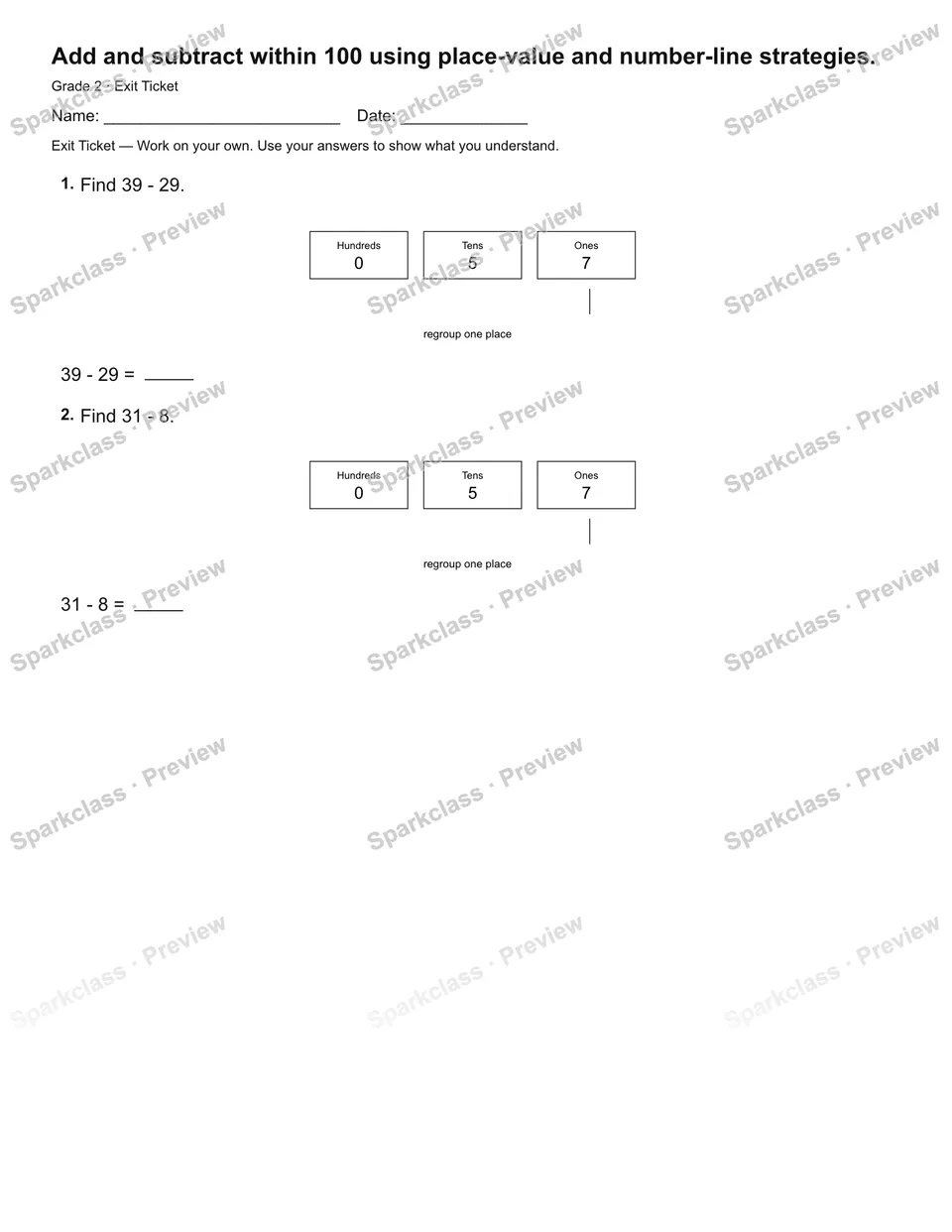 Add and subtract within 100 using place-value and number-line strategies. — Exit Ticket — Grade 2 worksheet preview