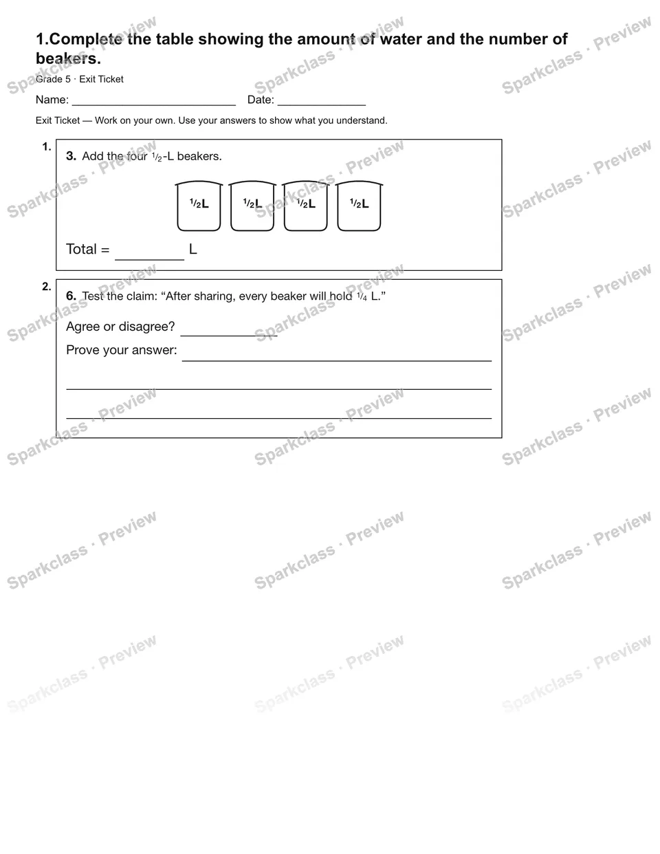 1.Complete the table showing the amount of water and the number of beakers. — Exit Ticket — Grade 5 worksheet preview