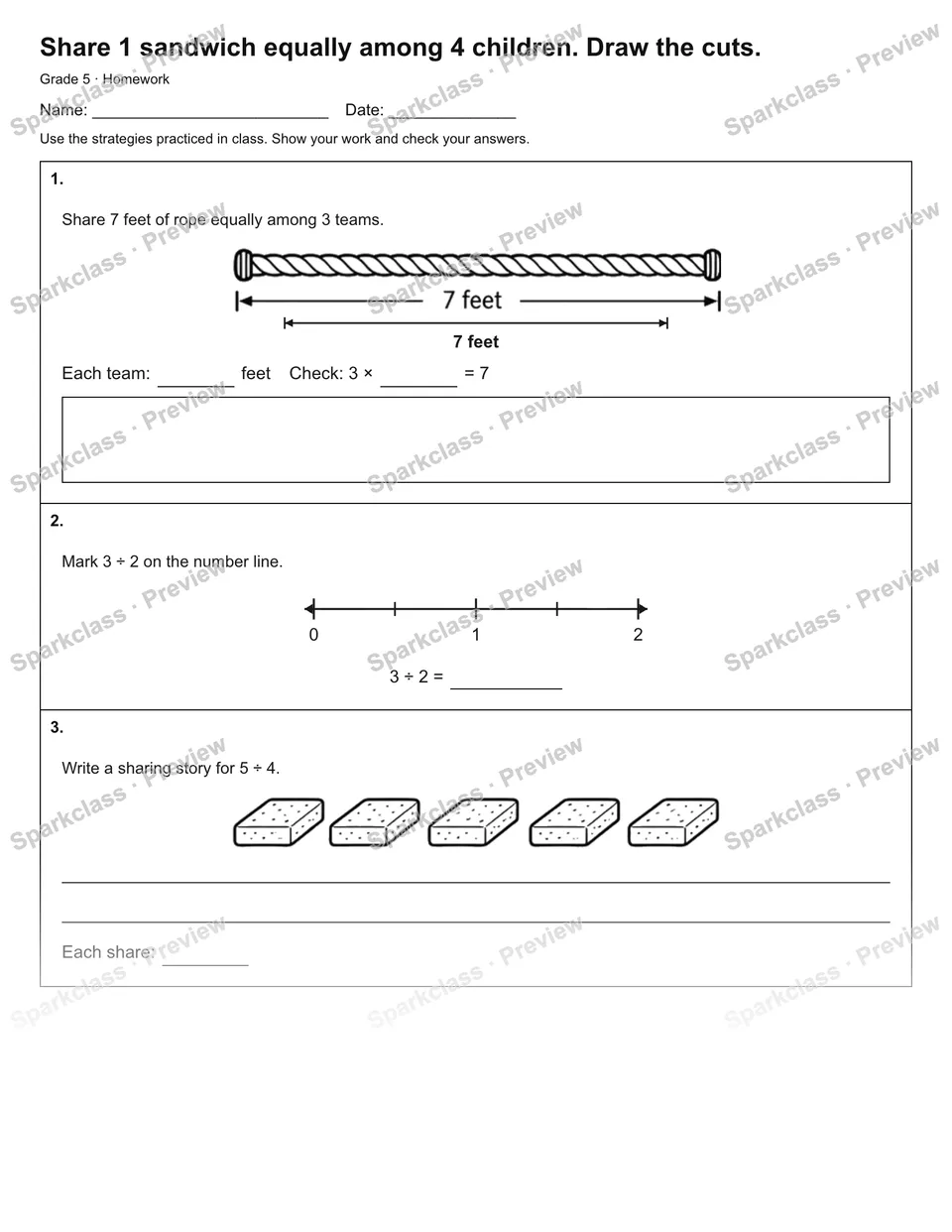 Share 1 sandwich equally among 4 children. Draw the cuts. — Homework — Grade 5 worksheet preview