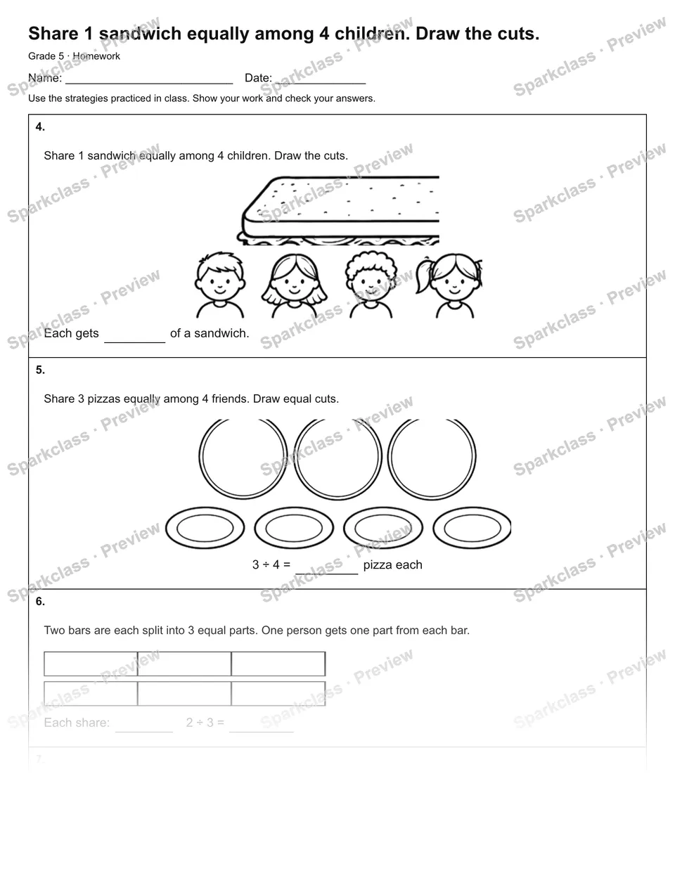 Share 1 sandwich equally among 4 children. Draw the cuts. — Homework — page 2