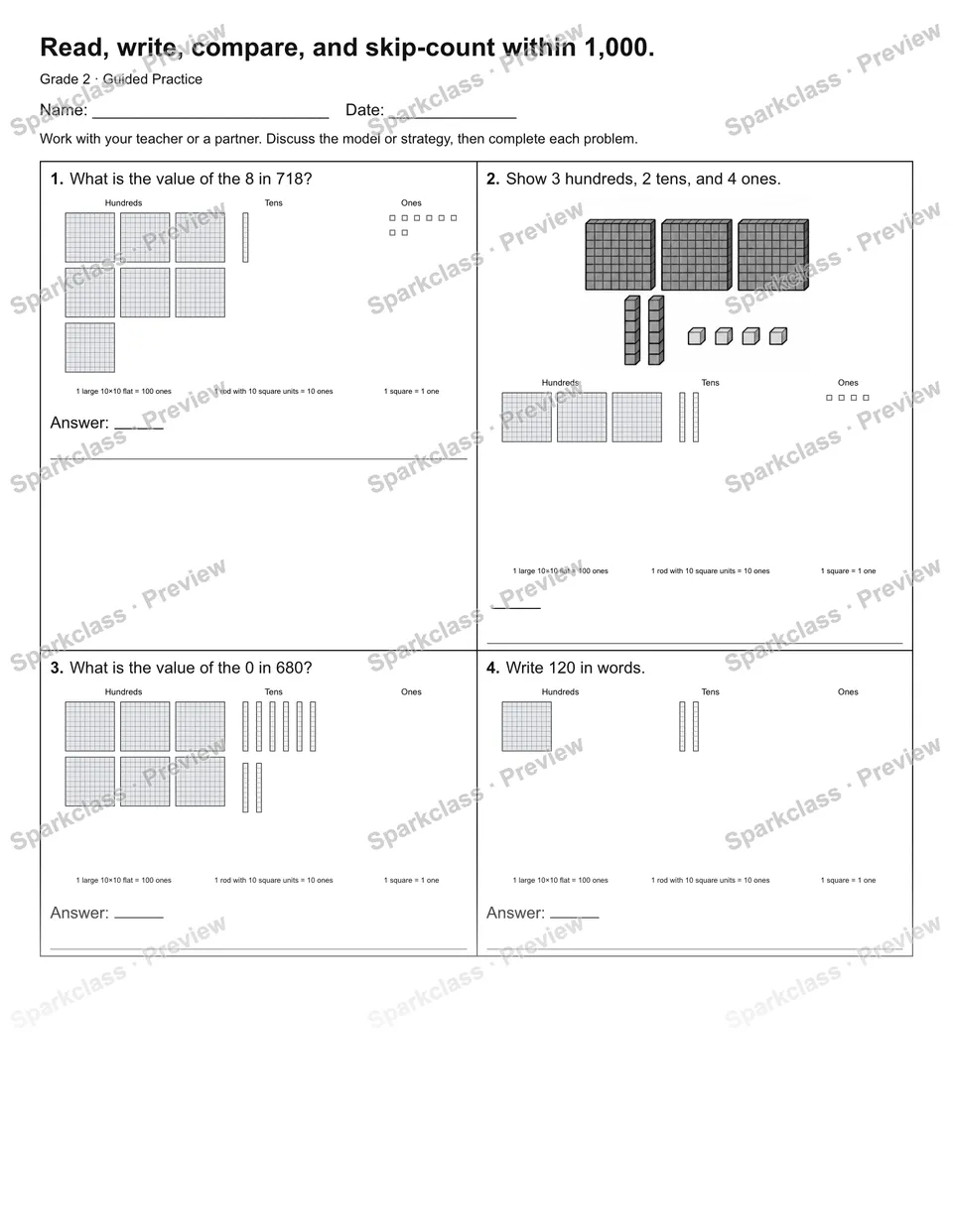 Read, write, compare, and skip-count within 1,000. — Guided Practice — Grade 2 worksheet preview