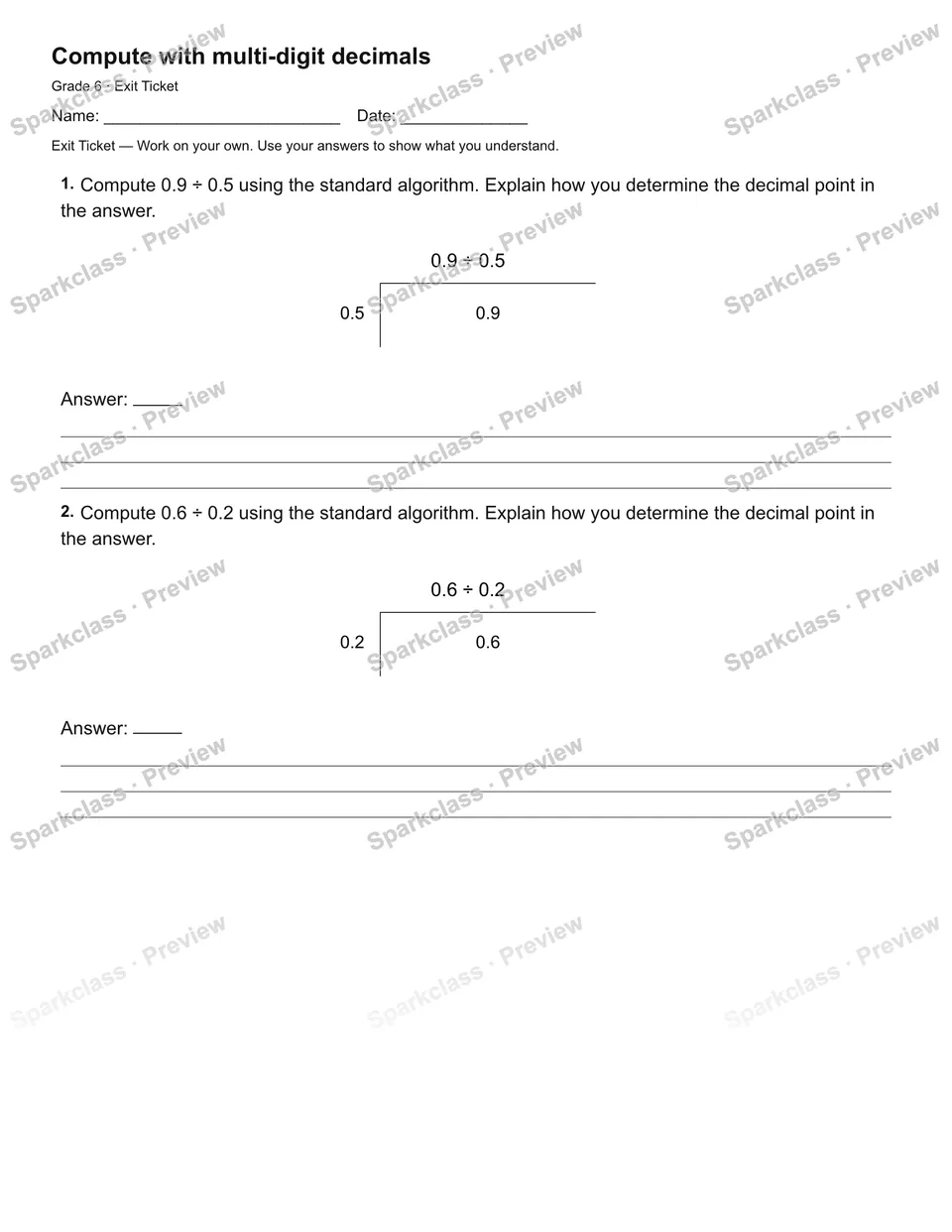 Compute with multi-digit decimals — Exit Ticket — page 2