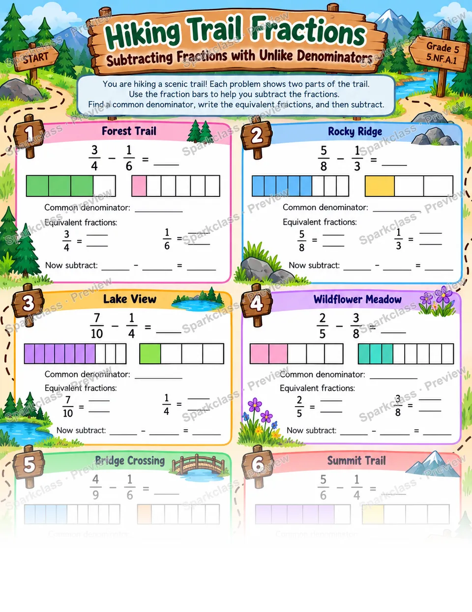 Subtract Fractions With Unlike Denominators — Grade 5 worksheet preview