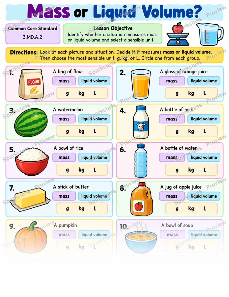 Mass Volume Sort 01 — Grade 3 worksheet preview