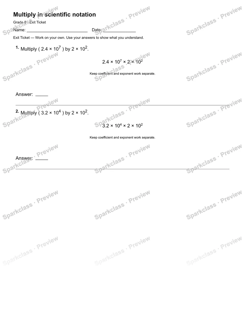 Multiply in scientific notation — Exit Ticket — page 2
