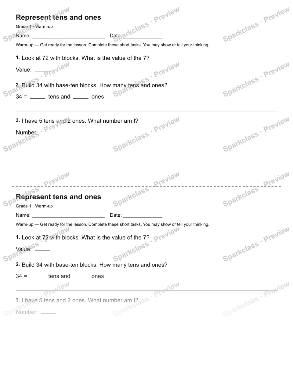 Represent tens and ones — Warm-up — Grade 1 worksheet preview