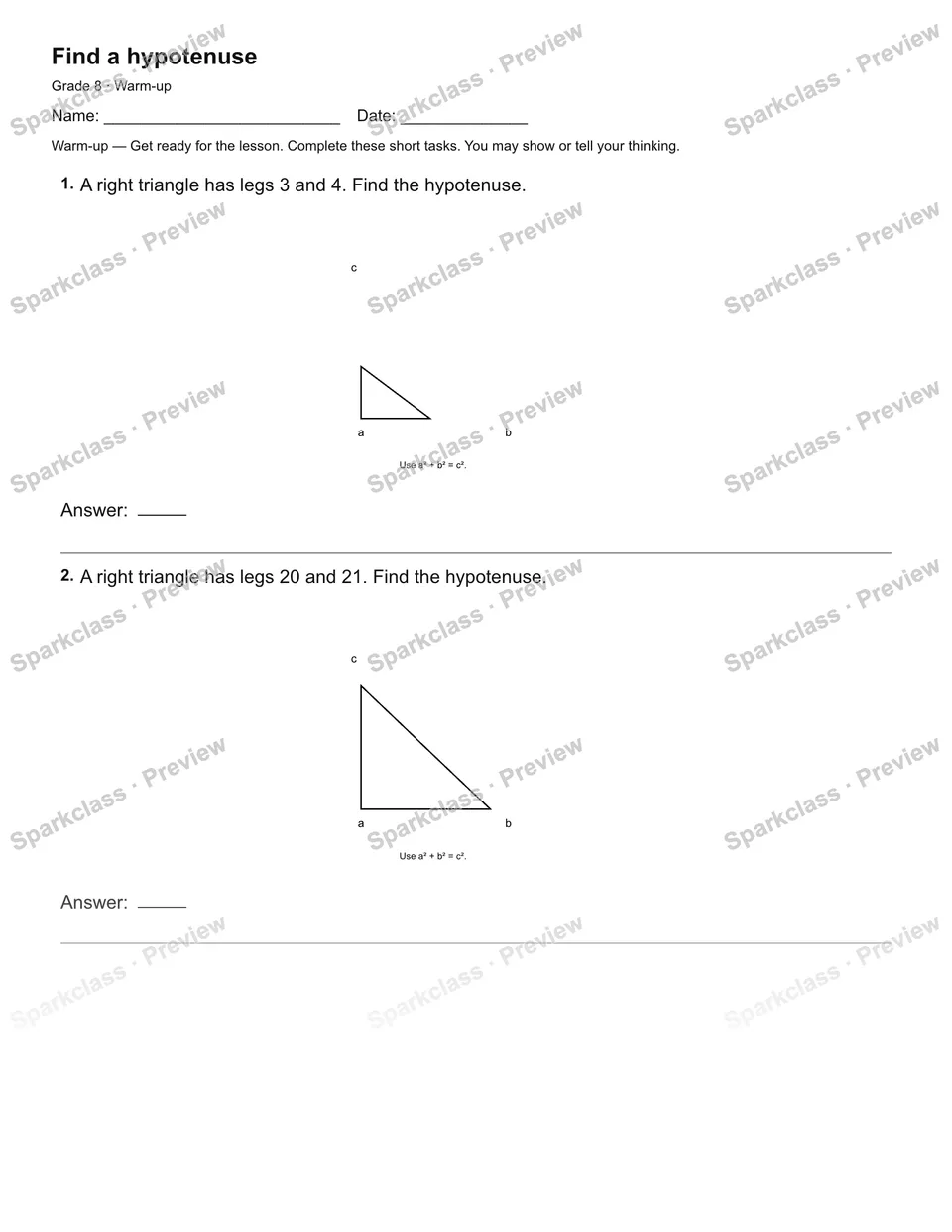 Find a hypotenuse — Warm-up — page 2
