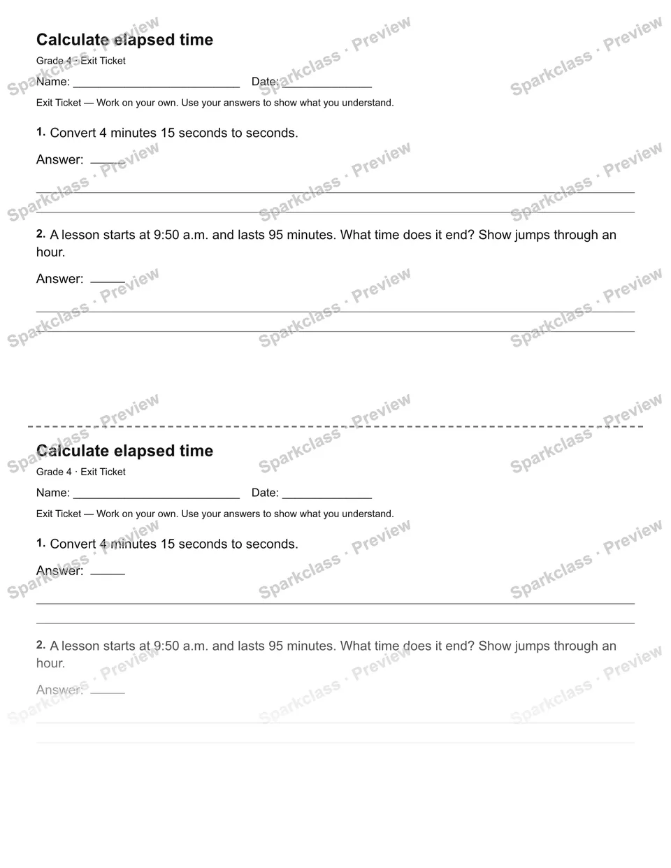 Calculate elapsed time — Exit Ticket — Grade 4 worksheet preview