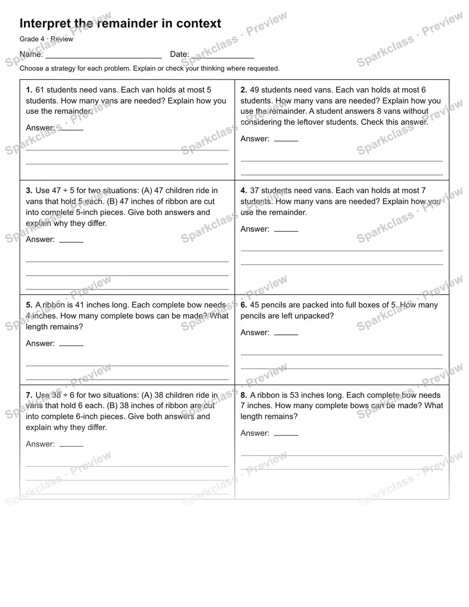 Interpret the remainder in context — Review — Grade 4 worksheet preview