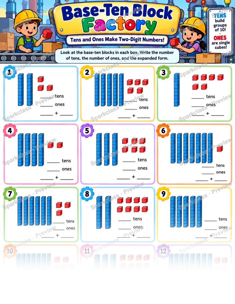 Tens And Ones Base Ten Blocks — Grade 1 worksheet preview