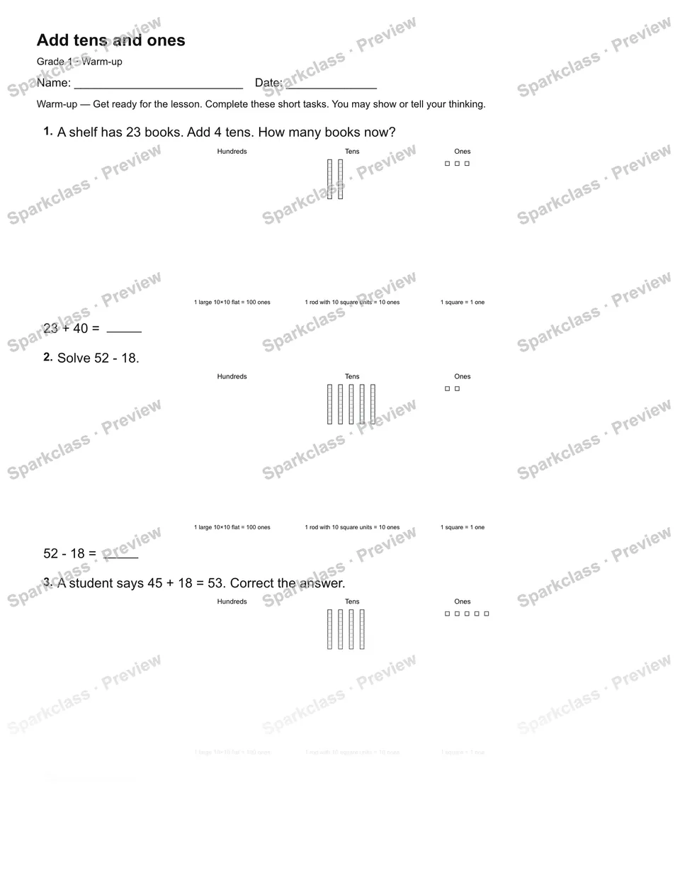 Add tens and ones — Warm-up — Grade 1 worksheet preview