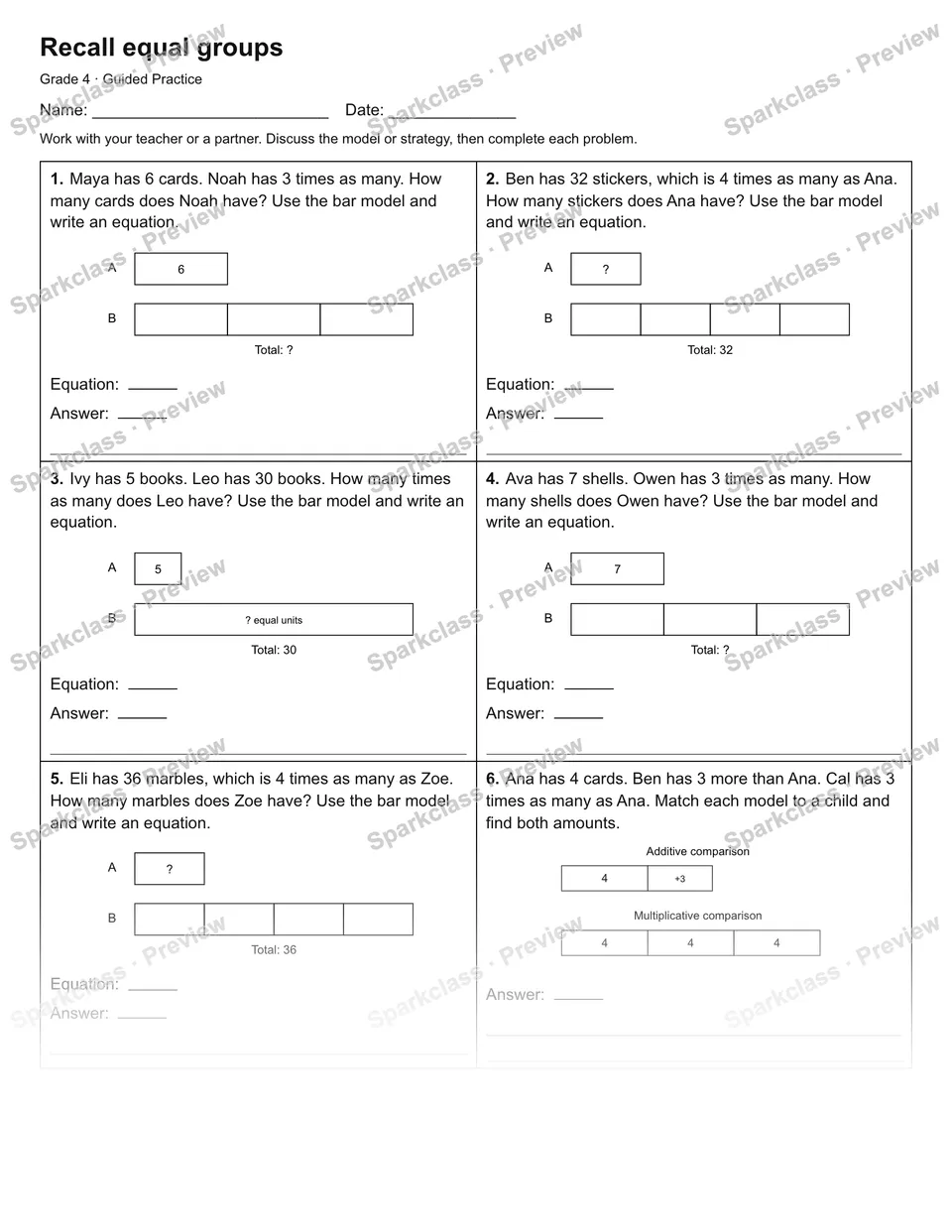 Recall equal groups — Guided Practice — Grade 4 worksheet preview