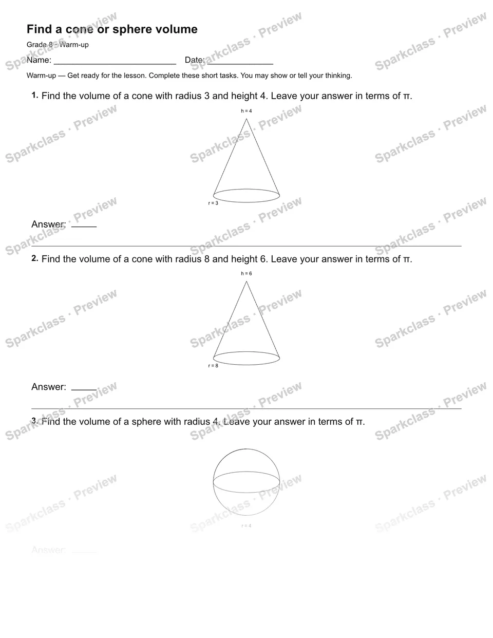 Find a cone or sphere volume — Warm-up — page 2