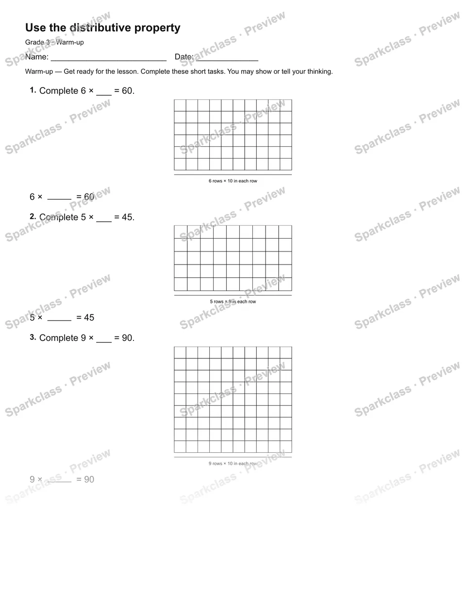 Use the distributive property — Warm-up — Grade 3 worksheet preview