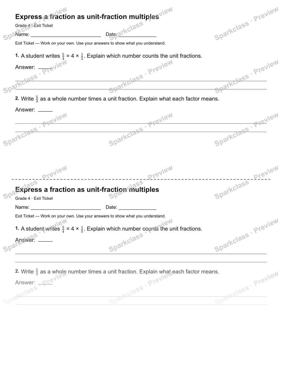 Express a fraction as unit-fraction multiples — Exit Ticket — Grade 4 worksheet preview