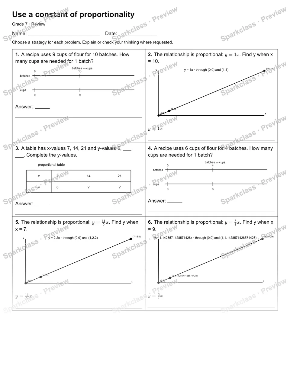 Use a constant of proportionality — Review — Grade 7 worksheet preview