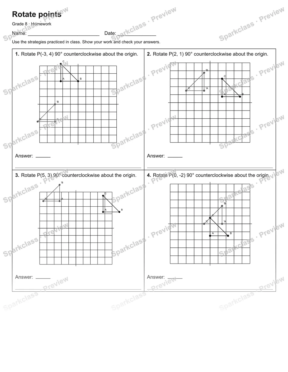Rotate points — Homework — Grade 8 worksheet preview