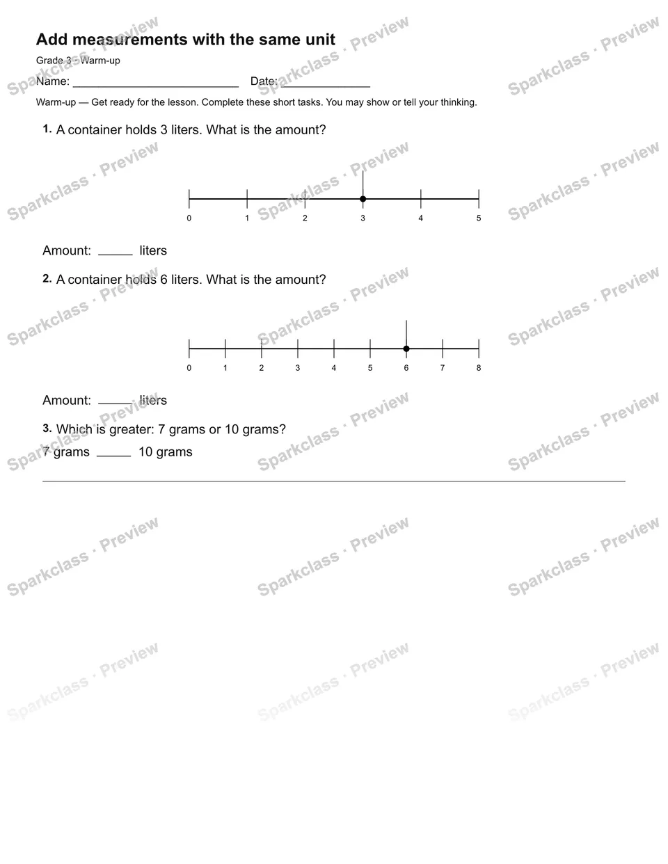 Add measurements with the same unit — Warm-up — Grade 3 worksheet preview