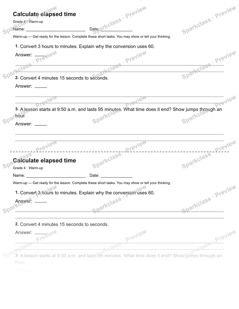 Calculate elapsed time — Warm-up — Grade 4 worksheet preview