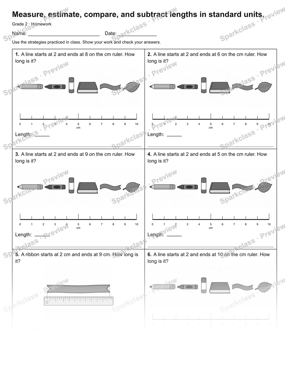 Measure, estimate, compare, and subtract lengths in standard units. — Homework — Grade 2 worksheet preview
