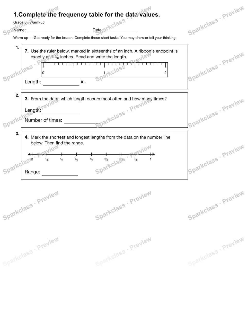 1.Complete the frequency table for the data values. — Warm-up — Grade 5 worksheet preview