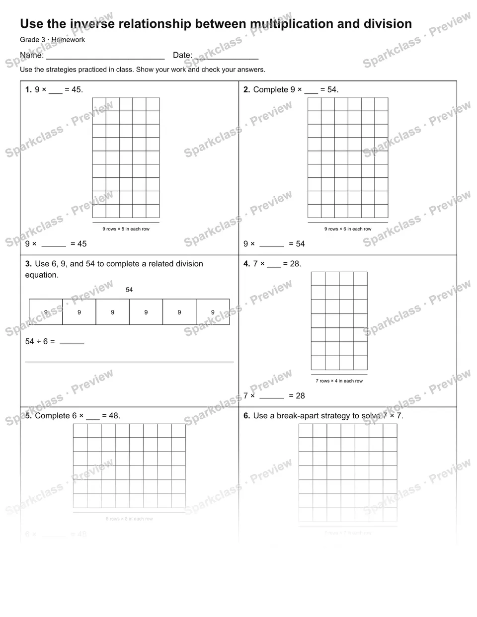 Use the inverse relationship between multiplication and division — Homework — Grade 3 worksheet preview