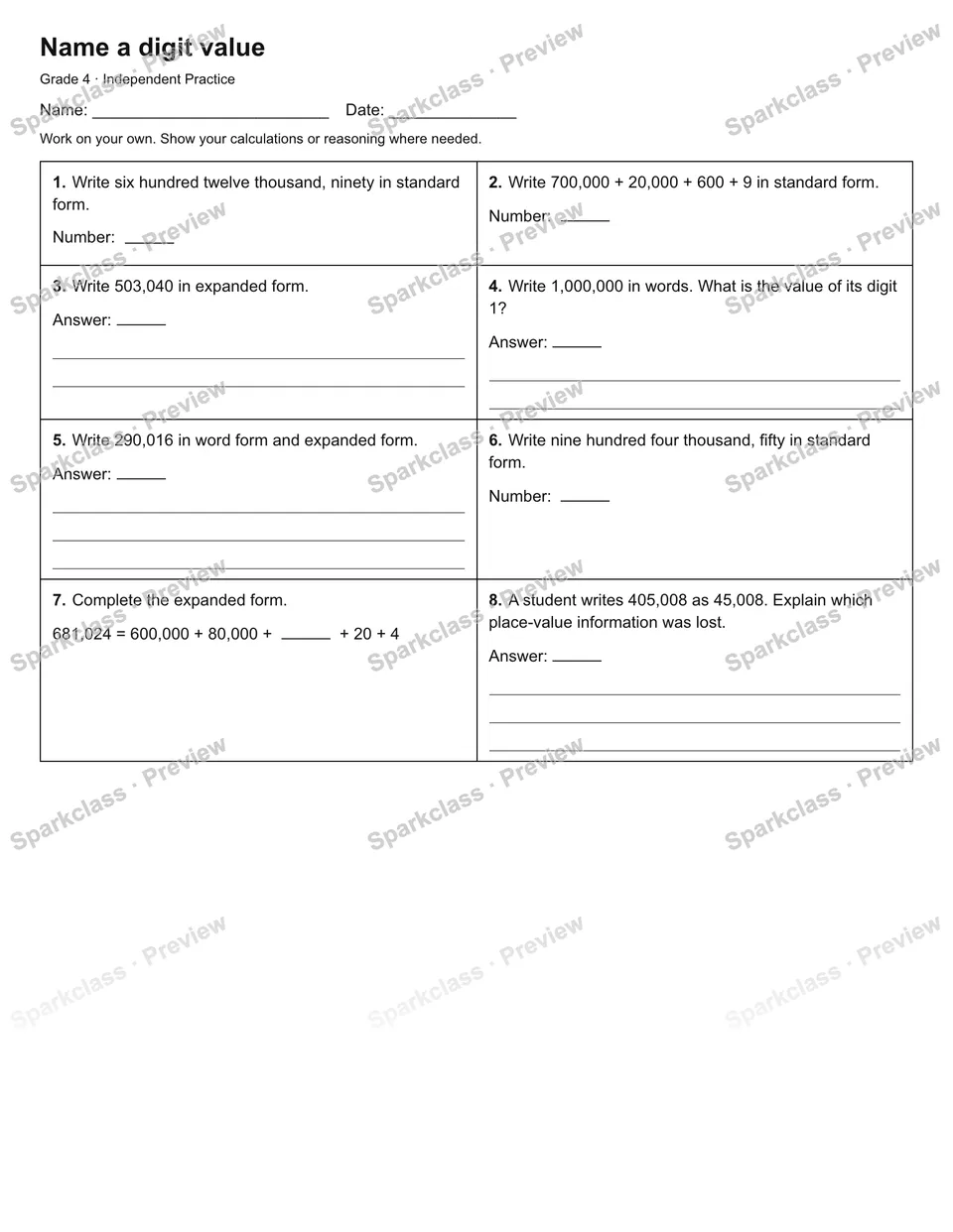Name a digit value — Independent Practice — Grade 4 worksheet preview