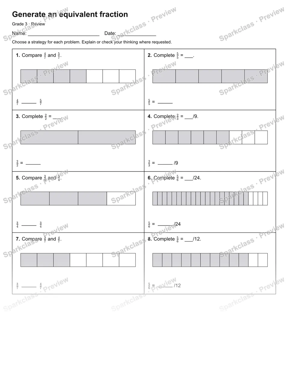 Generate an equivalent fraction — Review — Grade 3 worksheet preview